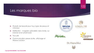 Les marques bio
Copyright MBADMB2020 / Team BeautyDMB
122
 Produits de beauté pour tous types de peaux et
cheveux
 Distribution : magasins spécialisés dans le bio, sur
internet et en pharmacie
 Tous prix
 Communication presse écrite, affichage et
réseaux sociaux
 