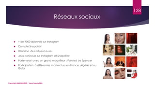 Réseaux sociaux
Copyright MBADMB2020 / Team BeautyDMB
128
 + de 9000 abonnés sur Instagram
 Compte Snapchat
 Utilisation des influenceuses
 Jeux concours sur Instagram et Snapchat
 Partenariat avec un grand maquilleur : Painted by Spencer
 Participation à différentes masterclass en France, Algérie et au
Qatar
 