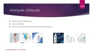 Marques cliniques
 Marques dermatologiques
 Couleurs froides
 Touche des personnes ayant des problèmes de peau
Copyright MBADMB2020 / Team BeautyDMB
144
 