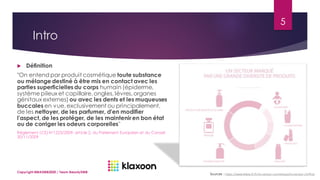 Intro
5
 Définition
"On entend par produit cosmétique toute substance
ou mélange destiné à être mis en contact avec les
parties superficielles du corps humain (épiderme,
système pileux et capillaire, ongles, lèvres, organes
génitaux externes) ou avec les dents et les muqueuses
buccales en vue, exclusivement ou principalement,
de les nettoyer, de les parfumer, d'en modifier
l'aspect, de les protéger, de les maintenir en bon état
ou de corriger les odeurs corporelles"
Règlement (CE) N°1223/2009, article 2, du Parlement Européen et du Conseil
30/11/2009
Copyright MBADMB2020 / Team BeautyDMB
Sources : https://www.febea.fr/fr/le-secteur-cosmetique/le-secteur-chiffres
 