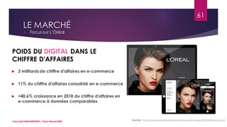 LE MARCHÉ
 Focus sur L’Oréal
Sources : https://www.loreal-finance.com/fr/rapport-annuel-2018/chiffres-cles-2-2/
POIDS DU DIGITAL DANS LE
CHIFFRE D'AFFAIRES
61
Copyright MBADMB2020 / Team BeautyDMB
 3 milliards de chiffre d'affaires en e-commerce
 11% du chiffre d'affaires consolidé en e-commerce
 +40,6% croissance en 2018 du chiffre d'affaires en
e-commerce à données comparables
 