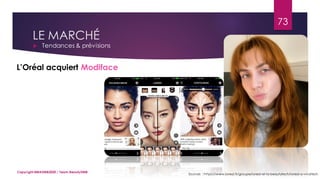LE MARCHÉ
 Tendances & prévisions
Sources : https://www.loreal.fr/groupe/loreal-et-la-beautytech/loreal-a-vivatech
L’Oréal acquiert Modiface
73
Copyright MBADMB2020 / Team BeautyDMB
 