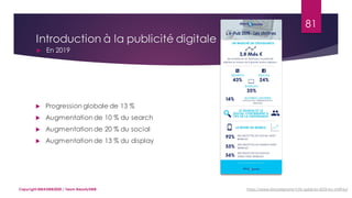 Introduction à la publicité digitale
 En 2019
81
Copyright MBADMB2020 / Team BeautyDMB
 Progression globale de 13 %
 Augmentation de 10 % du search
 Augmentation de 20 % du social
 Augmentation de 13 % du display
https://www.directetproche.fr/le-publicite-2019-les-chiffres/
 