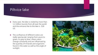 Piltvice lake
 Every year, the lake is visited by more than
1.2 million tourists from all over the world
and the entrance fee to the lake is $18
US.
 The confluence of different colors are
really spectacular ranging from azure to
green, to grey to blue...these colors
change constantly and are influenced by
the quantity of minerals and organisms
found in the water as well as the angle of
sunlight.
 