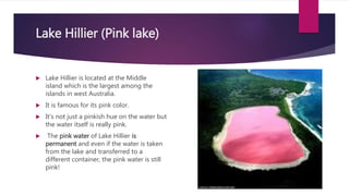 Lake Hillier (Pink lake)
 Lake Hillier is located at the Middle
island which is the largest among the
islands in west Australia.
 It is famous for its pink color.
 It's not just a pinkish hue on the water but
the water itself is really pink.
 The pink water of Lake Hillier is
permanent and even if the water is taken
from the lake and transferred to a
different container, the pink water is still
pink!
 