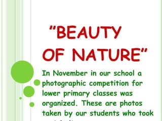 ” BEAUTY OF NATURE” In November in our school a photographic competition for lower primary classes was organized. These are photos taken by our students who took part in it. 