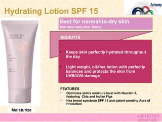 Hydrating Lotion SPF 15
              Best for normal-to-dry skin
              Use twice daily after Toning


              BENEFITS


              •   Keeps skin perfectly hydrated throughout
                  the day

              •   Light weight, oil-free lotion with perfectly
                  balances and protects the skin from
                  UVB/UVA damage


              FEATURES
              •   Optimizes skin’s moisture level with Nourish 3,
                  featuring Chia and Indian Figs
              •   Has broad spectrum SPF 15 and patent-pending Aura of
                  Protection

 Moisturize
 