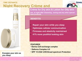 TIME DEFIANCE

 Night Recovery Crème and
 Lotion        Crème for Dry skin & Lotion for Oily skin
               •
               Use at night after Cleansing , toning and any other special
                            need products

                            BENEFITS


                            • Repair your skin while you sleep
                            • Optimizes cellular communication
                            • Firmness and elasticity maintained
                            • 41% more youthful looking skin



                            FEATURES
                            • Derma Cell exchange complex
                            • Defence Complex 4.0
                            • SPF 15 UVA/ UVB Broad spectrum Protection
Energize your skin as
you sleep
 