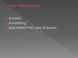  Website
 Advertising
 Specialized hair care shoppers
 