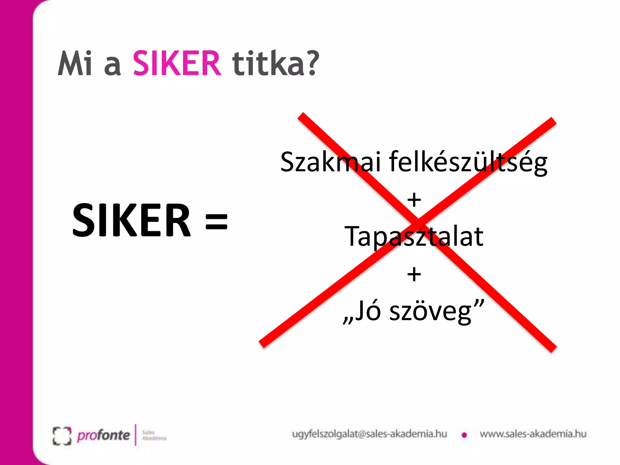 Mi a SIKER titka?

              Szakmai felkészültség
                        +
SIKER =           Tapasztalat
                        +
                  „Jó szöveg”
 