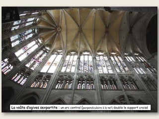 La voûte d’ogives sexpartite : un arc central (perpendiculaire à la nef) double le support croisé
 