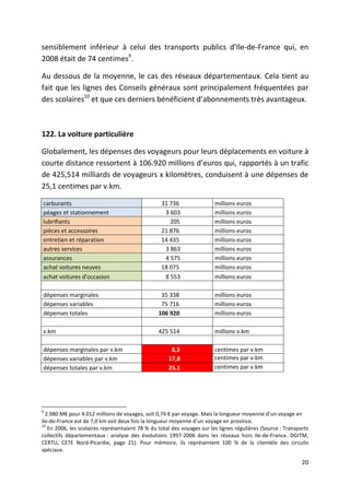 sensiblement inférieur à celui des transports publics d’Ile-de-France qui, en
2008 était de 74 centimes9.

Au dessous de la moyenne, le cas des réseaux départementaux. Cela tient au
fait que les lignes des Conseils généraux sont principalement fréquentées par
des scolaires10 et que ces derniers bénéficient d’abonnements très avantageux.



122. La voiture particulière

Globalement, les dépenses des voyageurs pour leurs déplacements en voiture à
courte distance ressortent à 106.920 millions d’euros qui, rapportés à un trafic
de 425,514 milliards de voyageurs x kilomètres, conduisent à une dépenses de
25,1 centimes par v.km.

carburants                                        31 736                 millions euros
péages et stationnement                            3 603                 millions euros
lubrifiants                                          205                 millions euros
pièces et accessoires                             21 876                 millions euros
entretien et réparation                           14 435                 millions euros
autres services                                    3 863                 millions euros
assurances                                         4 575                 millions euros
achat voitures neuves                             18 075                 millions euros
achat voitures d'occasion                          8 553                 millions euros

dépenses marginales                               35 338                 millions euros
dépenses variables                                75 716                 millions euros
dépenses totales                                 106 920                 millions euros

v.km                                             425 514                 millions v.km

dépenses marginales par v.km                          8,3                centimes par v.km
dépenses variables par v.km                          17,8                centimes par v.km
dépenses totales par v.km                            25,1                centimes par v.km




9
  2.980 M€ pour 4.012 millions de voyages, soit 0,74 € par voyage. Mais la longueur moyenne d’un voyage en
Ile-de-France est de 7,0 km soit deux fois la longueur moyenne d’un voyage en province.
10
   En 2006, les scolaires représentaient 78 % du total des voyages sur les lignes régulières (Source : Transports
collectifs départementaux : analyse des évolutions 1997-2006 dans les réseaux hors Ile-de-France. DGITM,
CERTU, CETE Nord-Picardie, page 21). Pour mémoire, ils représentent 100 % de la clientèle des circuits
spéciaux.

                                                                                                              20
 