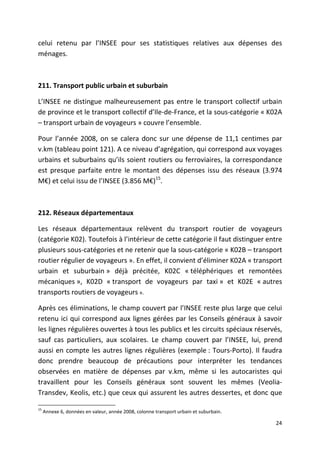 celui retenu par l’INSEE pour ses statistiques relatives aux dépenses des
ménages.



211. Transport public urbain et suburbain

L’INSEE ne distingue malheureusement pas entre le transport collectif urbain
de province et le transport collectif d’Ile-de-France, et la sous-catégorie « K02A
– transport urbain de voyageurs » couvre l’ensemble.

Pour l’année 2008, on se calera donc sur une dépense de 11,1 centimes par
v.km (tableau point 121). A ce niveau d’agrégation, qui correspond aux voyages
urbains et suburbains qu’ils soient routiers ou ferroviaires, la correspondance
est presque parfaite entre le montant des dépenses issu des réseaux (3.974
M€) et celui issu de l’INSEE (3.856 M€)15.



212. Réseaux départementaux

Les réseaux départementaux relèvent du transport routier de voyageurs
(catégorie K02). Toutefois à l’intérieur de cette catégorie il faut distinguer entre
plusieurs sous-catégories et ne retenir que la sous-catégorie « K02B – transport
routier régulier de voyageurs ». En effet, il convient d’éliminer K02A « transport
urbain et suburbain » déjà précitée, K02C « téléphériques et remontées
mécaniques », K02D « transport de voyageurs par taxi » et K02E « autres
transports routiers de voyageurs ».

Après ces éliminations, le champ couvert par l’INSEE reste plus large que celui
retenu ici qui correspond aux lignes gérées par les Conseils généraux à savoir
les lignes régulières ouvertes à tous les publics et les circuits spéciaux réservés,
sauf cas particuliers, aux scolaires. Le champ couvert par l’INSEE, lui, prend
aussi en compte les autres lignes régulières (exemple : Tours-Porto). Il faudra
donc prendre beaucoup de précautions pour interpréter les tendances
observées en matière de dépenses par v.km, même si les autocaristes qui
travaillent pour les Conseils généraux sont souvent les mêmes (Veolia-
Transdev, Keolis, etc.) que ceux qui assurent les autres dessertes, et donc que

15
     Annexe 6, données en valeur, année 2008, colonne transport urbain et suburbain.

                                                                                       24
 
