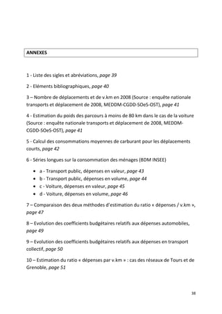 ANNEXES



1 - Liste des sigles et abréviations, page 39

2 - Eléments bibliographiques, page 40

3 – Nombre de déplacements et de v.km en 2008 (Source : enquête nationale
transports et déplacement de 2008, MEDDM-CGDD-SOeS-OST), page 41

4 - Estimation du poids des parcours à moins de 80 km dans le cas de la voiture
(Source : enquête nationale transports et déplacement de 2008, MEDDM-
CGDD-SOeS-OST), page 41

5 - Calcul des consommations moyennes de carburant pour les déplacements
courts, page 42

6 - Séries longues sur la consommation des ménages (BDM INSEE)

   •   a - Transport public, dépenses en valeur, page 43
   •   b - Transport public, dépenses en volume, page 44
   •   c - Voiture, dépenses en valeur, page 45
   •   d - Voiture, dépenses en volume, page 46

7 – Comparaison des deux méthodes d’estimation du ratio « dépenses / v.km »,
page 47

8 – Evolution des coefficients budgétaires relatifs aux dépenses automobiles,
page 49

9 – Evolution des coefficients budgétaires relatifs aux dépenses en transport
collectif, page 50

10 – Estimation du ratio « dépenses par v.km » : cas des réseaux de Tours et de
Grenoble, page 51



                                                                                38
 