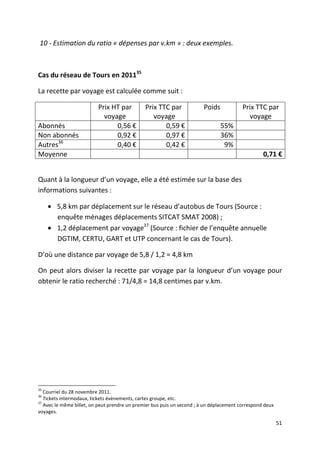 10 - Estimation du ratio « dépenses par v.km » : deux exemples.



Cas du réseau de Tours en 201135

La recette par voyage est calculée comme suit :

                          Prix HT par          Prix TTC par              Poids            Prix TTC par
                            voyage                voyage                                    voyage
Abonnés                         0,56 €                0,59 €                     55%
Non abonnés                     0,92 €                0,97 €                     36%
Autres36                        0,40 €                0,42 €                      9%
Moyenne                                                                                            0,71 €


Quant à la longueur d’un voyage, elle a été estimée sur la base des
informations suivantes :

     • 5,8 km par déplacement sur le réseau d’autobus de Tours (Source :
       enquête ménages déplacements SITCAT SMAT 2008) ;
     • 1,2 déplacement par voyage37 (Source : fichier de l’enquête annuelle
       DGTIM, CERTU, GART et UTP concernant le cas de Tours).

D’où une distance par voyage de 5,8 / 1,2 = 4,8 km

On peut alors diviser la recette par voyage par la longueur d’un voyage pour
obtenir le ratio recherché : 71/4,8 = 14,8 centimes par v.km.




35
   Courriel du 28 novembre 2011.
36
   Tickets intermodaux, tickets évènements, cartes groupe, etc.
37
   Avec le même billet, on peut prendre un premier bus puis un second ; à un déplacement correspond deux
voyages.

                                                                                                           51
 