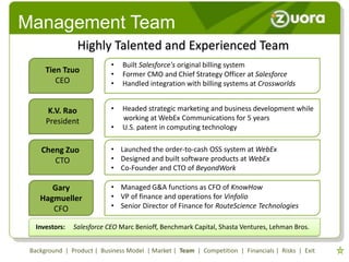 Management Team
                 Highly Talented and Experienced Team
                            •   Built Salesforce's original billing system
      Tien Tzuo             •   Former CMO and Chief Strategy Officer at Salesforce
         CEO                •   Handled integration with billing systems at Crossworlds


       K.V. Rao             •   Headed strategic marketing and business development while
      President                 working at WebEx Communications for 5 years
                            •   U.S. patent in computing technology

    Cheng Zuo               • Launched the order-to-cash OSS system at WebEx
       CTO                  • Designed and built software products at WebEx
                            • Co-Founder and CTO of BeyondWork

       Gary                 • Managed G&A functions as CFO of KnowHow
    Hagmueller              • VP of finance and operations for Vinfolio
       CFO                  • Senior Director of Finance for RouteScience Technologies

   Investors:   Salesforce CEO Marc Benioff, Benchmark Capital, Shasta Ventures, Lehman Bros.


 Background | Product | Business Model | Market | Team | Competition | Financials | Risks | Exit
 