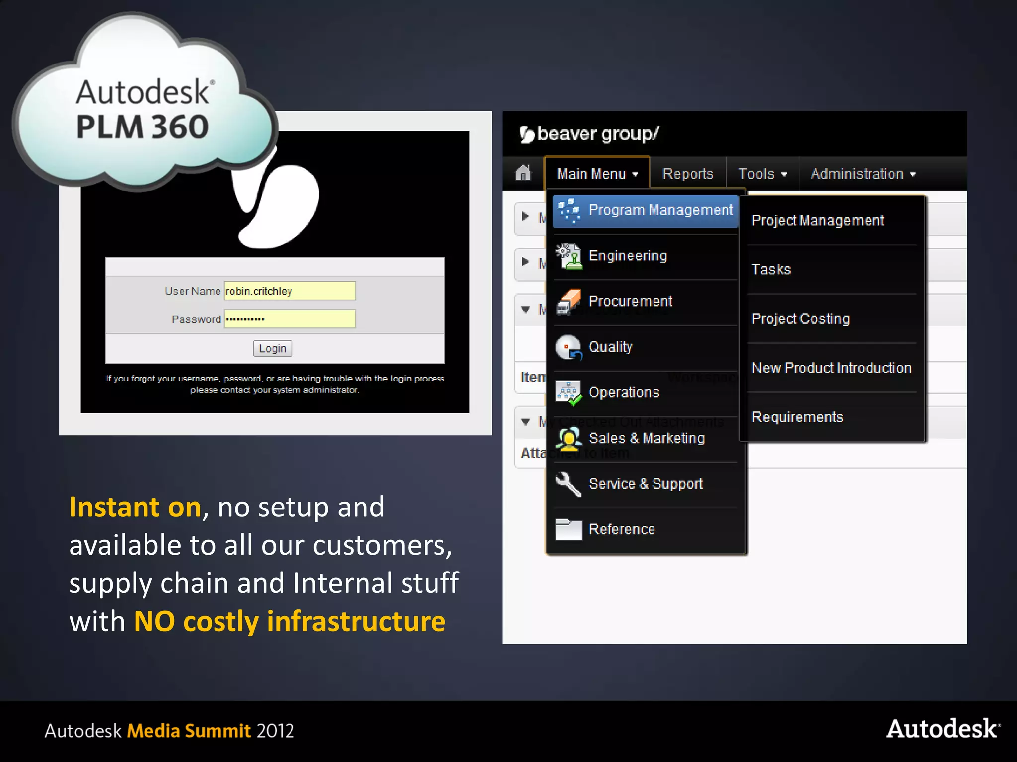 Instant on, no setup and
    available to all our customers,
    supply chain and Internal stuff
    with NO costly infrastructure


© 2012 Autodesk
 