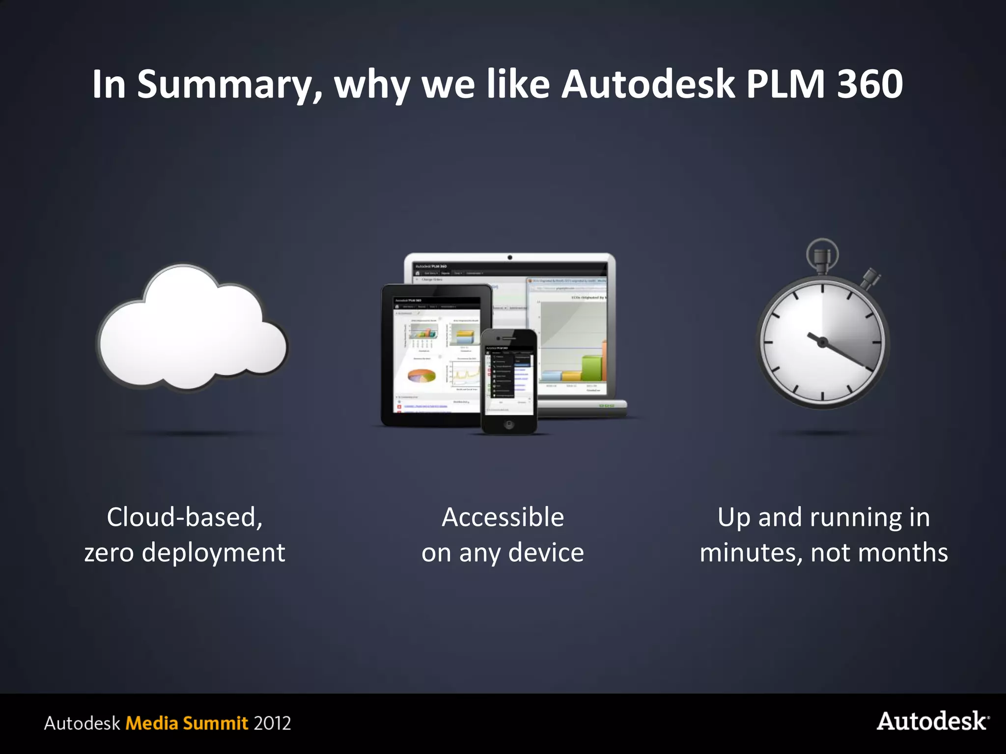 In Summary, why we like Autodesk PLM 360




         Cloud-based,     Accessible      Up and running in
       zero deployment   on any device   minutes, not months




© 2012 Autodesk
 