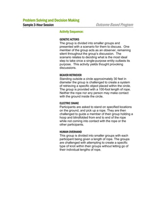 Problem Solving and Decision Making
Sample 3-Hour Session

Outcome Based Program

Activity Sequence:
GENETIC ACTORS
The group is divided into smaller groups and
presented with a scenario for them to discuss. One
member of the group acts as an observer, remaining
silent throughout the group’s discussion. The
scenario relates to deciding what is the most ideal
step to take once a single-purpose entity outlasts its
purpose. This activity yields thought provoking
discussions.
BEAVER RETRIEVER
Standing outside a circle approximately 30 feet in
diameter the group is challenged to create a system
of retrieving a specific object placed within the circle.
The group is provided with a 100-foot length of rope.
Neither the rope nor any person may make contact
with the ground inside the circle.
ELECTRIC SNAKE
Participants are asked to stand on specified locations
on the ground, and pick up a rope. They are then
challenged to guide a member of their group holding a
hoop and blindfolded from end to end of the rope
while not coming into contact with the rope or the
other participants.
HUMAN OVERHAND
This group is divided into smaller groups with each
participant being given a length of rope. The groups
are challenged with attempting to create a specific
type of knot within their groups without letting go of
their individual lengths of rope.

 
