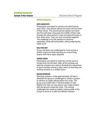 Building Consensus

Outcome Based Program

Sample 3-Hour Session
Activity Sequence:

ROPE HANDCUFFS
Participants are asked to partner and stand facing
each other. One person places the rope cuff over both
of their wrists. The second person places one hand
into the wrist loop; they pass the middle of their rope
through the other person’s rope and place the loop on
their other wrist. They are now connected together.
The challenge is for the partners to become
separated, while still handcuffed, without altering the
ropes at all.
WALK THIS WAY
Group members are challenged to move across a
stretch of ground while standing on a set of long
beams with hand ropes attached
UNIFIED VISION
Participants are asked to write the correct word or
phrase from the list read. After all the phrases are
read the answers are used to illustrate the importance
of each member having a clear vision of what they are
working towards or a unified vision.
BEAVER RETRIEVER
Standing outside a circle approximately 30 feet in
diameter the group is challenged to create a system
to retrieve an object placed within the circle. The
group is provided with a 100-foot length of rope.
Neither the rope nor any person may make contact
with the ground inside the circle. This Activity
challenges the creative problem solving skills of the
Group to arrive at a safe and efficient solution.

 