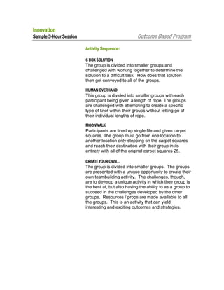 Innovation

Outcome Based Program

Sample 3-Hour Session
Activity Sequence:

6 BOX SOLUTION
The group is divided into smaller groups and
challenged with working together to determine the
solution to a difficult task. How does that solution
then get conveyed to all of the groups.
HUMAN OVERHAND
This group is divided into smaller groups with each
participant being given a length of rope. The groups
are challenged with attempting to create a specific
type of knot within their groups without letting go of
their individual lengths of rope.
MOONWALK
Participants are lined up single file and given carpet
squares. The group must go from one location to
another location only stepping on the carpet squares
and reach their destination with their group in its
entirety with all of the original carpet squares 25.
CREATE YOUR OWN…
The group is divided into smaller groups. The groups
are presented with a unique opportunity to create their
own teambuilding activity. The challenges, though,
are to develop a unique activity in which their group is
the best at, but also having the ability to as a group to
succeed in the challenges developed by the other
groups. Resources / props are made available to all
the groups. This is an activity that can yield
interesting and exciting outcomes and strategies.

 