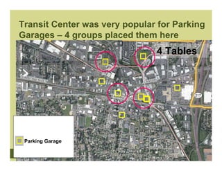 Transit Center was very popular for Parking
Garages – 4 groups placed them here
                               4 Tables




 Parking Garage
 