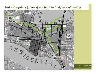 Natural system (creeks) are hard to find, lack of quality


  The
  Round




                       Hall
                        Blvd
                                    on   R oa d
                               Cany                   Fred
                                                      Meyer
            gton
   Farmin
                                                  TV Hwy




                                          Library
 