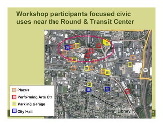 Workshop participants focused civic
uses near the Round & Transit Center




Plazas
Performing Arts Ctr
Parking Garage

City Hall                     Library
 