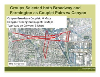 Groups Selected both Broadway and
 Farmington as Couplet Pairs w/ Canyon
Canyon‐Broadway Couplet:  6 Maps
Canyon‐Farmington Couplet:  3 Maps
Two‐Way on Canyon:  3 Maps




 One‐way streets
 