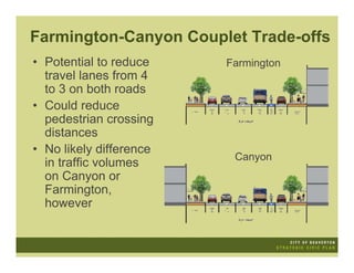 Farmington-Canyon Couplet Trade-offs
• Potential to reduce    Farmington
  travel lanes from 4
  to 3 on both roads
• Could reduce
  pedestrian crossing
  distances
• No likely difference
                          Canyon
  in traffic volumes
  on Canyon or
  Farmington,
  however
 