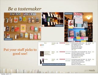 Be a tastemaker
                                                                         Book Soup




                                                      Vroman’s




        RiverRun




     Put your staff picks to
           good use!

                               Spirit of 76 Booksore Staff Picks Shelf




Tuesday, June 5, 12
 