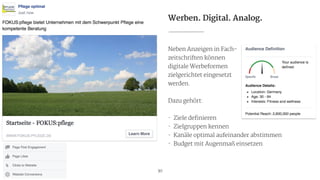 Werben. Digital. Analog.
Neben Anzeigen in Fach-

zeitschriften können

digitale Werbeformen

zielgerichtet eingesetzt

werden.

!
Dazu gehört:

!
- Ziele definieren

- Zielgruppen kennen

- Kanäle optimal aufeinander abstimmen

- Budget mit Augenmaß einsetzen

!
30
 