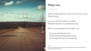 Pflege 2015.
Rund 2,4 Milliarden Euro mehr sollen ab 2015 in die
Pflege fließen.

!
45.000 zusätzliche Plätze in Heimen

Pflegeberufsgesetz als Akademisierung

!
Welche Auswirkungen wird es haben auf…

!
- Rezeption des Pflegeberufs;

- flächendeckende Pflegebetreuung;

- technologische Weiterentwicklung?

!
!
!
!
Quelle:

http://www.aerztezeitung.de/politik_gesellschaft/pflege/article/855421/pflege-2015-
milliardenspiel-beginnt.html40
Pic via picjumbo.com 
free of use

http://picjumbo.com
 
