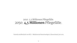 2010: 2,3 Millionen Pflegefälle.

2050: 4,5 Millionen Pflegefälle.
5
Statistik veröffentlicht von BCG - Medizinische Biotechnologie in Deutschland, Juni 2013
 