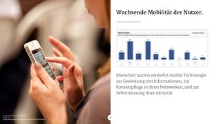 Wachsende Mobilität der Nutzer.
Menschen nutzen vermehrt mobile Technologie

zur Gewinnung von Informationen, zur

Kontaktpflege in ihren Netzwerken, und zur

Selbstmessung ihrer Aktivität.
9
Pic by Sebastiaan ter Burg / Flickr

CC BY 2.0

https://www.flickr.com/photos/ter-burg/9011116378/sizes/o/
 