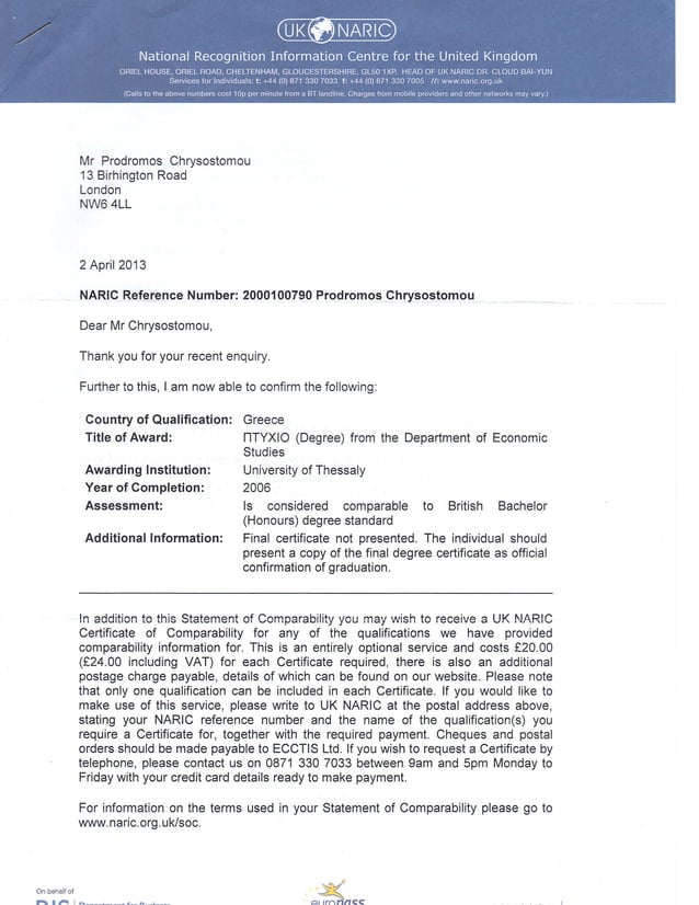 UK NARIC Certificate Of Comparability PDF