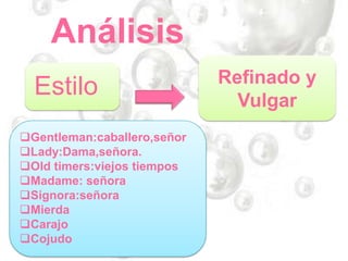 Análisis
Estilo Refinado y
Vulgar
Gentleman:caballero,señor
Lady:Dama,señora.
Old timers:viejos tiempos
Madame: señora
Signora:señora
Mierda
Carajo
Cojudo
 