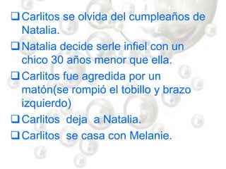 Carlitos se olvida del cumpleaños de
Natalia.
Natalia decide serle infiel con un
chico 30 años menor que ella.
Carlitos fue agredida por un
matón(se rompió el tobillo y brazo
izquierdo)
Carlitos deja a Natalia.
Carlitos se casa con Melanie.
 