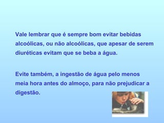 Vale lembrar que é sempre bom evitar bebidas alcoólicas, ou não alcoólicas, que apesar de serem diuréticas evitam que se beba a água.  Evite também, a ingestão de água pelo menos meia hora antes do almoço, para não prejudicar a digestão. 