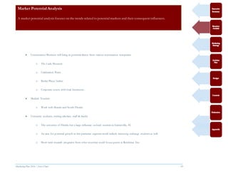 Marketing Plan 2016  [Select Date] 10
Market Potential Analysis
A market potential analysis focuses on the trends related to potential markets and their consequent influences.
 Construction/Business will bring in potential clients from various construction companies
o The Cade Museum
o Celebration Point
o Butler Plaza/Archer
o Corporate events with local businesses
 Medical Tourism
o Work with Shands and North Florida
 University students, visiting scholars, staff & faculty
o The university of Florida has a large influence on local tourism in Gainesville, FL
o An area for potential growth in this particular segment could include incoming exchange students as well
o Short term research programs from other countries could house guests at Residence Inn
 