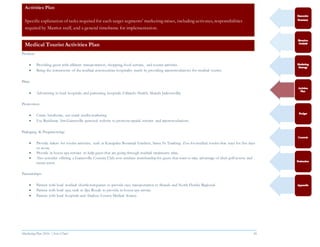 Marketing Plan 2016  [Select Date] 26
Product:
 Providing guest with efficient transportation, shopping, food services, and tourist activities.
 Being the cornerstone of the medical communities hospitality needs by providing accommodations for medical tourist.
Place:
 Advertising in local hospitals, and partnering hospitals (Orlando Health, Shands Jacksonville)
Promotion:
 Create brochures, use social media marketing
 Use Residence Inn Gainesville personal website to promotespecial services and accommodations.
Packaging & Programming:
 Provide tickets for tourist activities, such as Kanapaha Botanical Gardens, Santa Fe Teaching Zoo for medical tourist that stays for five days
or more.
 Provide in house spa services to help guest that are going through medical treatments relax.
 Also consider offering a Gainesville Country Club non-resident membership for guest that want to take advantage of their golf course and
tennis court.
Partnerships:
 Partner with local medical shuttlecompanies to provide easy transportation to Shands and North Florida Regional.
 Partner with local spa, such as Spa Royale to provide in house spa service.
 Partner with local hospitals and Alachua County Medical Society.
Activities Plan
Specific explanation of tasks required for each target segments’ marketing mixes, including activates, responsibilities
required by Marriot staff, and a general timeframe for implementation.
Medical Tourist Activities Plan
 