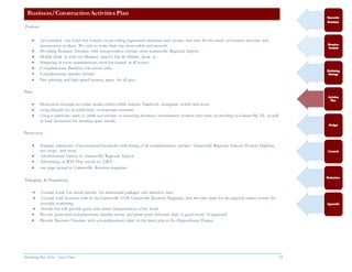 Marketing Plan 2016  [Select Date] 29
Product:
 An extended stay hotel that focuses on providing augmented amenities and services that best fits the needs of business travelers and
construction workers. We seek to make their stay memorable and smooth.
 Providing Business Travelers with transportation services from Gainesville Regional Airport.
 Mobile check in with our Marriott App for fast & efficient check in .
 Streaming in room entertainment, mini bar located in all rooms
 Complimentary Breakfast bar served daily
 Complimentary laundry services
 Free printing and high speed internet access for all gues
Place:
 Promotion through our social media outlets which include: Facebook, instagram, twitter and more.
 using linkedin for possible leads on corporate contracts
 Using a salesforce team to pitch our services to incoming business /construction workers who plan on traveling to Gainesville, FL. as well
as local businesses for meeting space rentals.
Promotion
 Strategic placement of promotional brochures with listing of all complementary services: Gainesville Regional Airport, FLorida Highway
rest stops and more
 Advertisement banner in Gainesville Regional Airport
 Advertising on RTS-That travels to GRA
 one page spread in Gainesville Business magazine
Packaging & Programing
 Contact Local Car rental services for discounted packages and incentive rates
 Contact local business such as the Gainesville VCB, Gainesville Business Magazine, and the sales team for the regional transit system for
possible marketing .
 shuttle that will provide guest with direct transportation of the hotel.
 Provide guest with complimentary laundry service and perm press delivered daily to guest room.*if requested
 Provide Business Travelers with a complimentary ticket to the latest play at the Hippodrome Theater.
Business/Construction Activities Plan
 