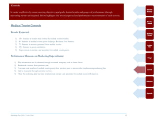 Marketing Plan 2016  [Select Date] 36
Medical Tourist Controls
Results Expected:
1) 15% Increase in market share within the medical tourism market.
2) 8% Increase in medical tourist guests lodging at Residence Inn Marriott.
3) 7% Increase in revenue generated from medical tourist.
4) 10% Increase in guests satisfaction
5) Improvement in services and amenities for medical tourist guests.
Performance Measures on Marketing Expenditures:
1) This information can be obtained through a research company such as Green Book.
2) Benchmark revenue from previous year.
3) Compare total numberof medical tourist guests from previous year to amount after implementing marketing plan.
4) Can be measured through customer surveys.
5) Once the marketing plan has been implemented, services and amenities for medical tourist will improve.
Controls
In order to effectively ensure meeting objectives and goals, desired results and gauges of performance through
measuring metrics are required. Below highlights the results expected and performance measurements of each activity
 