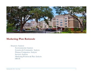 Marketing Plan 2016  [Select Date] 6
Marketing Plan Rationale
Situation Analysis
Environmental Analysis
Location & Community Analysis
Primary Competitor Analysis
Services Analysis
Marketing Position & Plan Analysis
SWOT
 