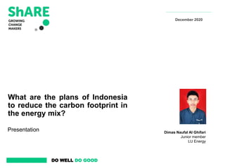 DO WELL DO GOOD
What are the plans of Indonesia
to reduce the carbon footprint in
the energy mix?
Presentation
December 2020
Dimas Naufal Al Ghifari
Junior member
LU Energy
 