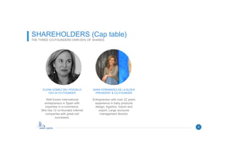 8
SHAREHOLDERS (Cap table)
THE THREE CO-FOUNDERS OWN 83% OF SHARES
ELENA GÓMEZ DEL POZUELO
CEO & CO-FOUNDER
Well known international
entrepreneur in Spain with
expertise in e-commerce.
She has 12 co-founded internet
companies with great exit
successes.
SARA FERNÁNDEZ DE LA ALDEA
PRESIDENT & CO-FOUNDER
Entrepreneur with over 22 years
experience in baby products
design, logistics, import and
export. Large accounts
management director.
 
