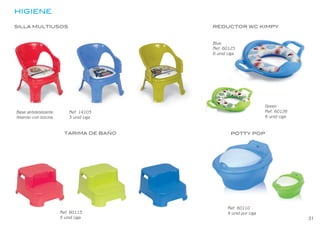HIGIENE
REDUCTOR WC KIMPY
Blue
Ref. 60125
6 unid caja
Green
Ref. 60126
6 unid caja
POTTY POP
Ref. 60110
4 unid por caja
TARIMA DE BAÑO
SILLA MULTIUSOS
Ref. 60115
3 unid caja
Ref. 14103
3 unid caja
Base antideslizante
Asiento con bocina
Higiene 24
31
BEBEDUE CATALAGO 2020 OK.indd 33
BEBEDUE CATALAGO 2020 OK.indd 33 2/1/20 12:33
2/1/20 12:33
 