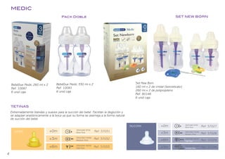 MÉDIC
Pack Doble
BebéDue Medic 330 ml x 2
Ref. 10091
6 unid caja
BebéDue Medic 260 ml x 2
Ref. 10087
6 unid caja
SET NEW BORN
Set New Born
160 ml x 2 de cristal (borosilicato)
260 ml x 2 de polipropileno
Ref. 80146
6 unid caja
TETINAS
Velocidad lenta.
+0m
+3m
+6m
Velocidad media.
Velocidad rápida.
LÁTEX
+0m
+3m
+3m
+6m
Velocidad lenta.
Velocidad media.
Velocidad rápida.
Velocidad variable.
SILICONA
Medic 4
Ref. 57031
Ref. 57032
Ref. 57033
Ref. 57027
Ref. 57028
Ref. 57029
Ref. 57034
MEDIC
Pack Doble
BebéDue Medic 330 ml x 2
Ref. 10091
6 unid caja
BebéDue Medic 260 ml x 2
Ref. 10087
6 unid caja
SET NEW BORN
Set New Born
160 ml x 2 de cristal (borosilicato)
260 ml x 2 de polipropileno
Ref. 80146
6 unid caja
TETINAS
Extremadamente blandas y suaves para la succión del bebé. Facilitan la deglución y
r
r
se adaptan anatómicamente a la boca ya que su forma se asemeja a la forma natural
de succión del bebé.
Velocidad lenta.
+0m
+3m
+6m
Velocidad media.
Velocidad rápida.
LÁTEX
+0m
+3m
+3m
+6m
Velocidad lenta.
Velocidad media.
Velocidad rápida.
Velocidad variable.
SILICONA
Medic 4
Ref. 57031
Ref. 57032
Ref. 57033
Ref. 57027
Ref. 57028
Ref. 57029
Ref. 57034
4
BEBEDUE CATALAGO 2020 OK.indd 6
BEBEDUE CATALAGO 2020 OK.indd 6 2/1/20 12:33
2/1/20 12:33
 