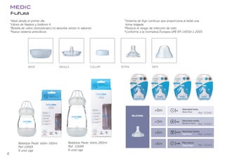 Futura
MEDIC
BASE VÁVULA COLLAR TETINA TAPA
Bebédue Medic Vidrio 160ml
Ref.10093
6 unid caja
Bebédue Medic Vidrio 260ml
Ref. 10094
6 unid caja
࠮
*Ideal desde el primer día.
*Libres de ftalatos y bisfenol A.
*Botella de vidrio (borosilicato):no absorbe olores ni sabores.
*Nuevo sistema anticólicos.
*Sistema de flujo continuo que proporciona al bebé una
toma relajada.
*Reduce el riesgo de infección de oído.
*Conforme a la normativa Europea UNE-EN 14350-1:2005
+0m
+3m
+6m
Velocidad lenta.
Velocidad media.
Velocidad rápida.
SILICONA
+6m Flujo espeso.
CONA
SILICONA
Thick Flow
Medic 6
Ref. 57040
Ref. 57041
Ref. 57043
Ref. 57042
6
BEBEDUE CATALAGO 2020 OK.indd 8
BEBEDUE CATALAGO 2020 OK.indd 8 2/1/20 12:33
2/1/20 12:33
 