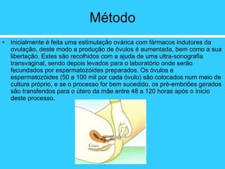Método Inicialmente é feita uma estimulação ovárica com fármacos indutores da ovulação, deste modo a produção de óvulos é aumentada, bem como a sua libertação. Estes são recolhidos com a ajuda de uma ultra-sonografia transvaginal, sendo depois levados para o laboratório onde serão fecundados por espermatozóides preparados. Os óvulos e espermatozóides (50 a 100 mil por cada óvulo) são colocados num meio de cultura próprio, e se o processo for bem sucedido, os pré-embriões gerados são transferidos para o útero da mãe entre 48 a 120 horas após o ínicio deste processo. 